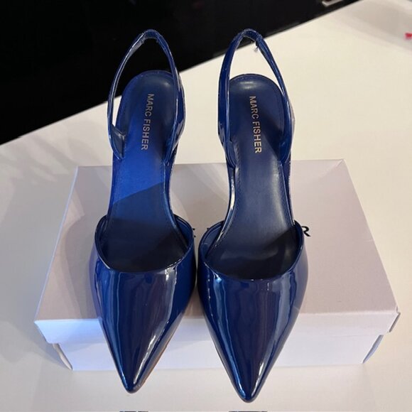 Marc Fisher Hadya Dark Blue Patent Slingback Pointed Toe Heel 7.5 Like New - Picture 3 of 9